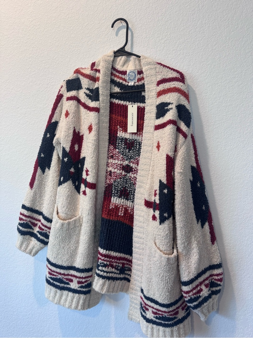 Blue Rain Cream, Navy & Burgundy Aztec Open-Front Cardigan